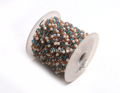 3,5,10,25,50Feet White Pearl, Blue Topaz Hydro Beads Rosary Chain Rondelle Beaded Rose Gold Plated Copper Wire Wrap Jewelry Making Chain 3mm