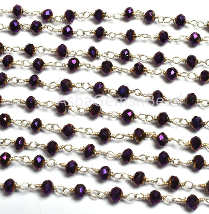 3,5,10,25 Ft Purple Mystic Pyrite Hydro Faceted Rondelle Beads Rosary Chain Silver Plated Wire Wrapped Chain, Jewelry Making Necklace 3.5 mm