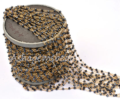 AAA Black Spinel Hydro Silver Coated Faceted Rosary Chain,3 mm Beaded Gold Plated Wire Wrap Rondelle handmade Chain Jewelry Making Craft SALE