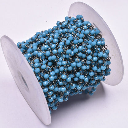 Rosary Chain Blue Turquoise Hydro Beads handmade Chain,3mm Gunmetal Wire Wrap Beaded Faceted Rondelle Chain Rosary Jewelry Making Craft SALE