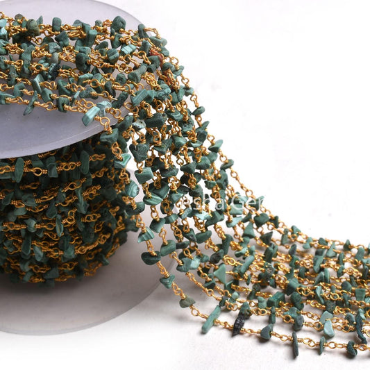 Natural Green Malachite Uncut Chip Beads Rosary Chain Silver, Gold Plated Wire Wrap Beaded Gemstone handmade chain Rosary Jewelry Craft SALE