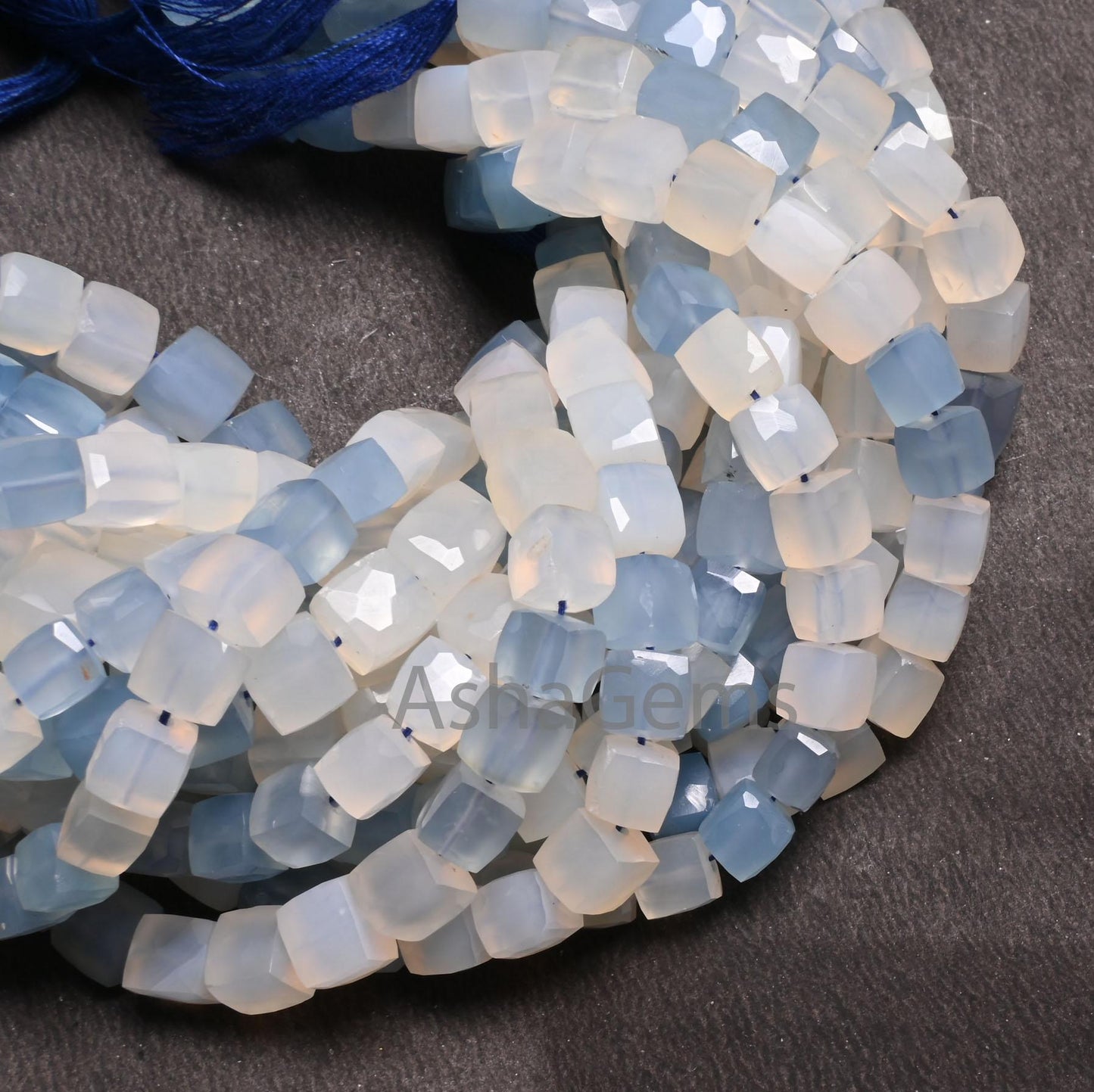 Beautiful Chalcedony Faceted 3D Cube Box Gemstone Beads,8" Shaded White Blue Chalcedony Box Shape Indian Cut Chalcedony Beads Jewelry Crafts
