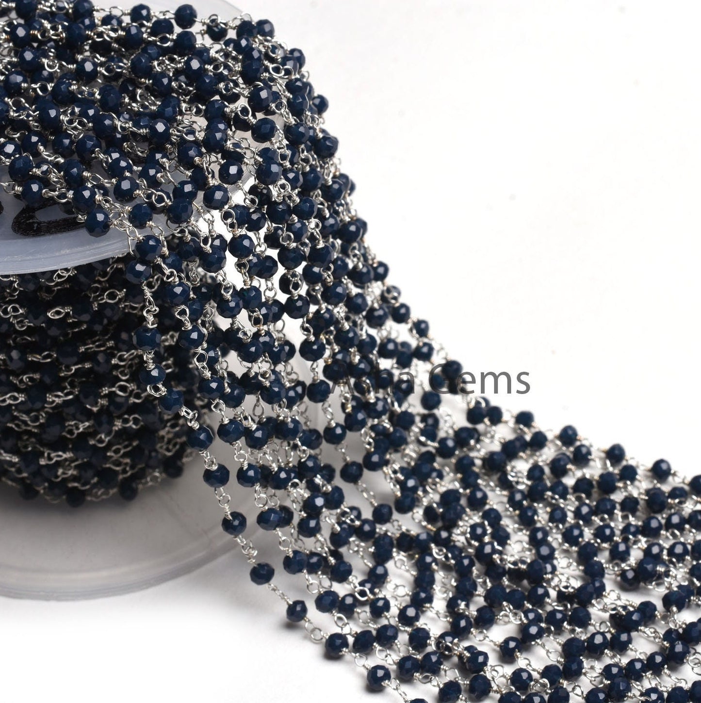 1,3,5,10 Ft Blue Sapphire Hydro Faceted Rondelle Beaded Rosary Chain,Silver,Black Plated Wire,Jewelry Making Chain 3-3.5mm,Bulk Crafts Chain