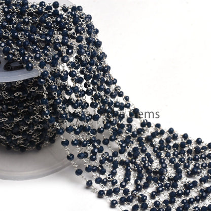 1,3,5,10 Ft Blue Sapphire Hydro Faceted Rondelle Beaded Rosary Chain,Silver,Black Plated Wire,Jewelry Making Chain 3-3.5mm,Bulk Crafts Chain