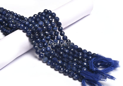 8mm Fine Blue Sodalite Faceted Round Shape Beads, Natural Blue Sodalite Indian Cut Round Ball Gemstone Beads, Sodalite Bead Jewelry Necklace