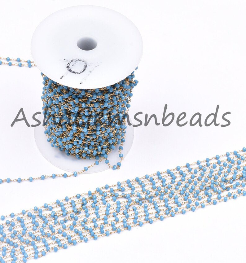 Beautiful Blue Turquoise Hydro Faceted Beads Rosary Chain,3 mm Gold Plated Wire Wrap Chain Jewelry Making Beaded Rosary Chains Handmade SALE