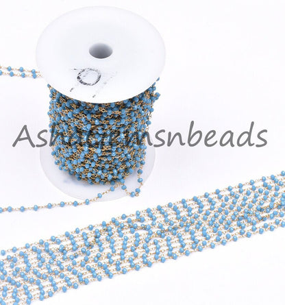 Beautiful Blue Turquoise Hydro Faceted Beads Rosary Chain,3 mm Gold Plated Wire Wrap Chain Jewelry Making Beaded Rosary Chains Handmade SALE