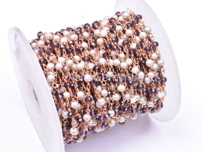 Beautiful White Pearl Garnet Hydro Faceted Rondelle Beads Rosary Chain Rose Gold Plated Copper Wire Wrap Chain SALE Jewelry making Craft 3mm