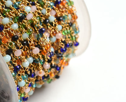 Beautiful Multi Disco Hydro faceted Rondelle Bead Rosary Chain, Mix Color Bead Gold Plated Wire Wrap Rosary Chain By Feet Jewelry Craft SALE