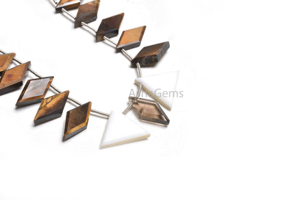 Natural Tiger Eye Fancy Rhombus+ 2 Piece White Agate Trillion Shape Faceted Beads, Multi Color Side Drill Fancy Gemstone Loose Beads Jewelry
