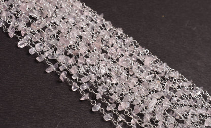 3,5,10 Feet Natural Rose Quartz Uncut Uncut Rosary Chain, Pink rose Quartz Smooth Beads Chain, Silver Plated Chain, Finding, Wholesale Chain