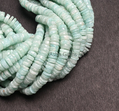 Beautiful Amazonite Smooth Heishi Tyre shape beads, Natural Blue Amazonite Flat Wheel Handmade Gemstone Amazonite Center Drill beads Jewelry