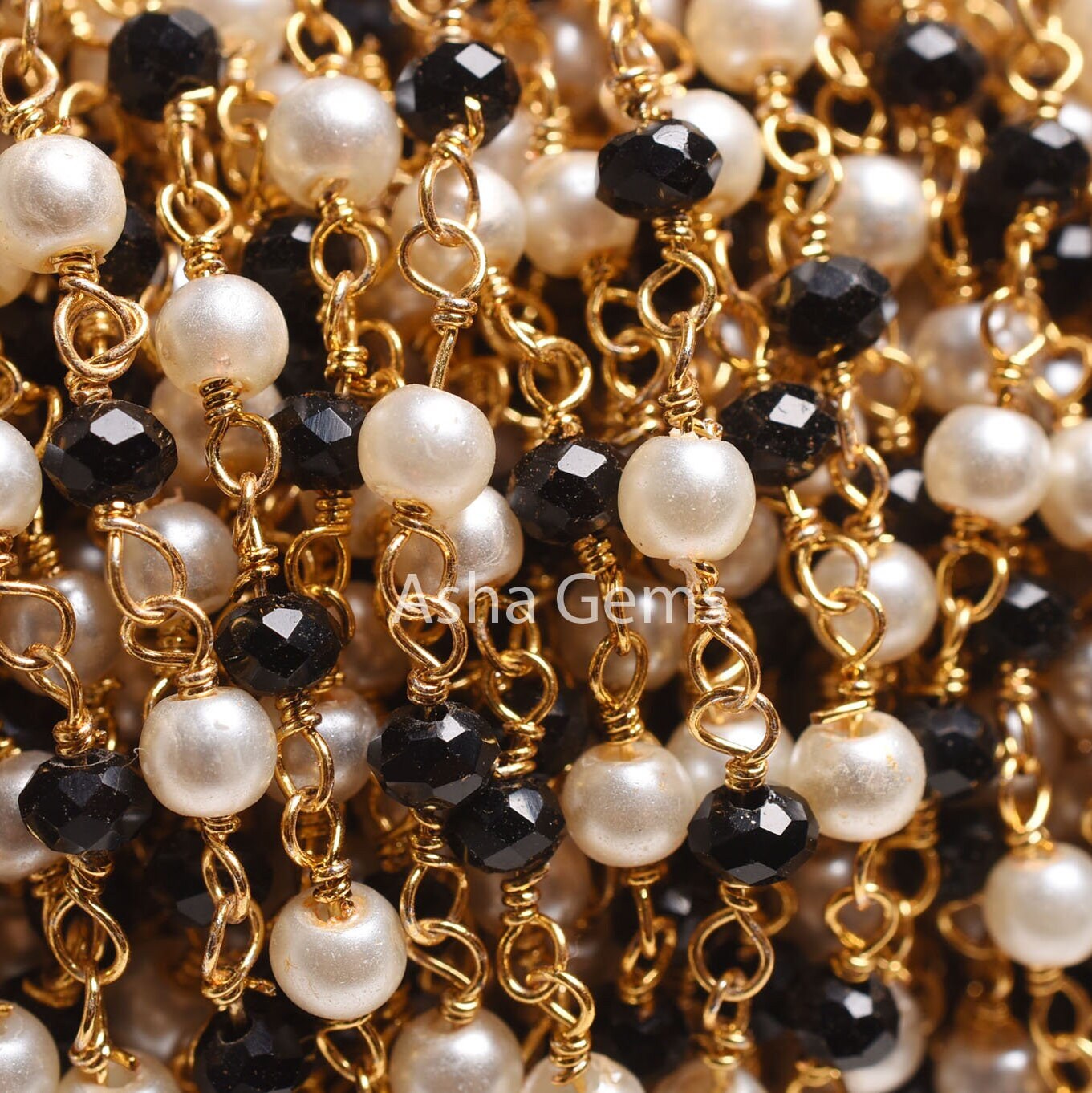 Beautiful Pearl Black Onyx Hydro Micro Cut Beads Rosary Chain, Gold Plated Wire wrap Bulk Rosary Chain By Foot Necklace Jewelry Making Chain