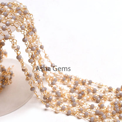 SALE Beautiful White Pearl, Grey moonstone Hydro Beads Rosary Chain, Faceted Rondelle Beaded Gold Plated, Wire Wrapped Jewelry Making Chain