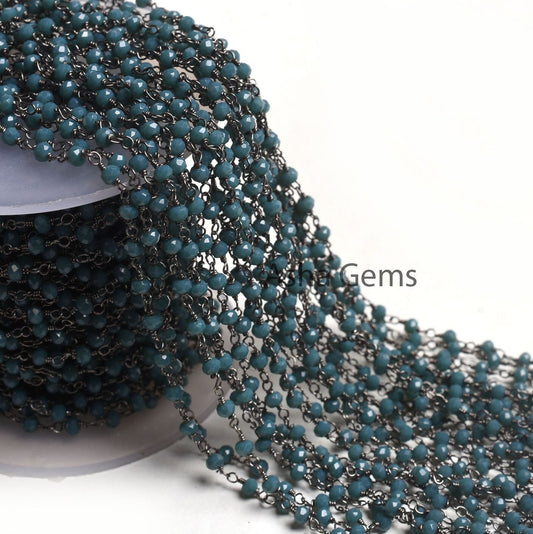 Black Metal Plated Light Neon Blue Apatite Hydro Beaded Rosary Chain 3,10,25,50 Feet Faceted Rondelle Chain 3-3.5 mm Finding Jewelry Chain
