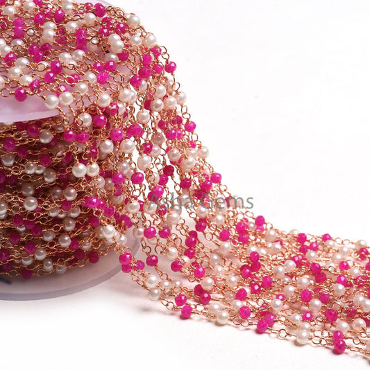 Beautiful White Pearl Pink Chalcedony Hydro Beads Rosary Chain,3 mm Faceted Beaded Chain Rose Gold Plated Wire Wrap Chains Jewelry Necklace