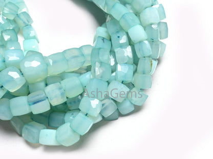 Fine Quality Blue Chalcedony Faceted 3D Cube Box Gemstone Beads, Light Blue Chalcedony Cube Indian Cut Chalcedony Beads Jewelry making Craft
