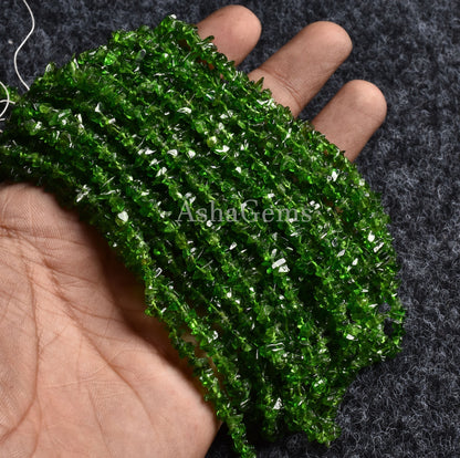 AAA Quality Natural Chrome Diopside Uncut Chips Raw Gemstone Beads,34" Strand Green Chrome Rough Smooth Tiny Chip Beads, Chrome Bead Jewelry