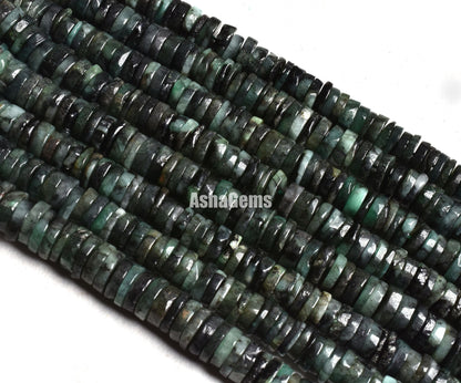 16" Strand Beautiful Emerald Smooth Heishi Tyre Beads/ Natural Shaded Green Emerald Plain Wheel Shape Beads, Emerald Beads For Jewelry craft