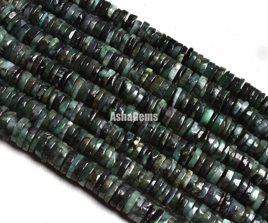16" Strand Beautiful Emerald Smooth Heishi Tyre Beads/ Natural Shaded Green Emerald Plain Wheel Shape Beads, Emerald Beads For Jewelry craft