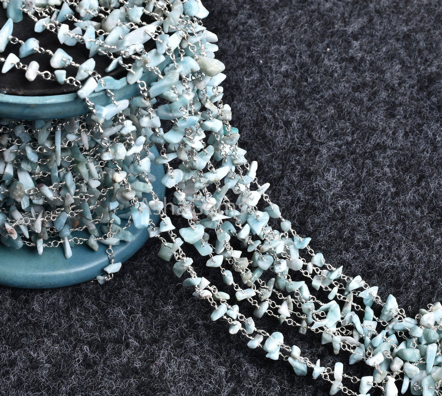 Rare Blue Larimar Beads Rosary Chain, Uncut Chip Chain Smooth Nugget Beaded Rosary Chain, Silver Chain Wire, Finding, Wholesale Rosary Chain