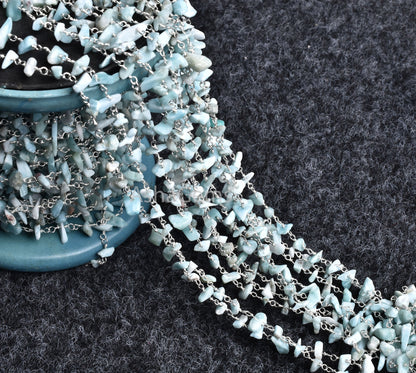 Rare Blue Larimar Beads Rosary Chain, Uncut Chip Chain Smooth Nugget Beaded Rosary Chain, Silver Chain Wire, Finding, Wholesale Rosary Chain