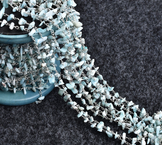 Rare Blue Larimar Beads Rosary Chain, Uncut Chip Chain Smooth Nugget Beaded Rosary Chain, Silver Chain Wire, Finding, Wholesale Rosary Chain