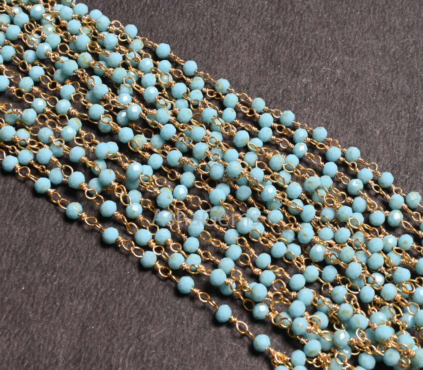 3,5,10,25 Ft,Blue Turquoise Hydro Rondelle Faceted Beaded Rosary Chain Gold Plated Wire,Jewelry Making,Finding,Size 3-3.5 mm,Bulk Roll Wire