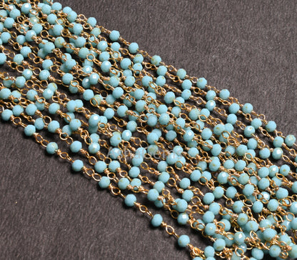 3,5,10,25 Ft,Blue Turquoise Hydro Rondelle Faceted Beaded Rosary Chain Gold Plated Wire,Jewelry Making,Finding,Size 3-3.5 mm,Bulk Roll Wire