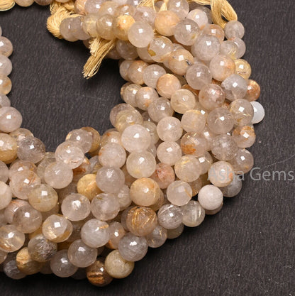 Beautiful Golden Rutile Faceted Round Shape Gemstone Beads, Natural Golden Rutile Indian Cut Round Ball Rutile Beads Jewelry handicraft SALE