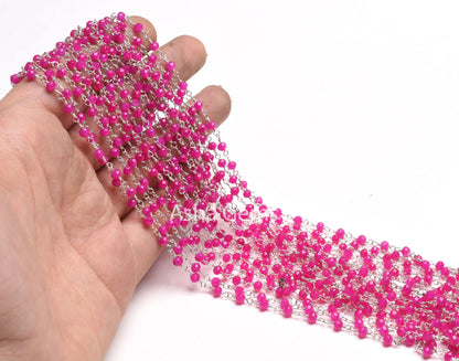 Beautiful Pink Chalcedony Hydro Faceted Rondelle Beaded Rosary Chain Silver Plated Wire 3,5,10 Feet Jewelry Making Finding, Wire Wrapped Chain SALE
