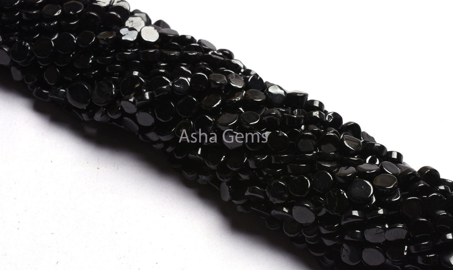 13" Strand Black Spinal Smooth Flat Coin Straight Drill Beads, Natural Black Gemstone Spinel Uneven Coin Handmade Bead Spinel Jewelry Crafts