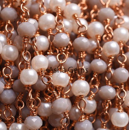 Rose Gold Plated White Pearl Grey Moonstone Hydro Beads Rosary Chain, Faceted Rondelle Beads Wire wrapped Bulk Rosary Chain, Jewelry Making