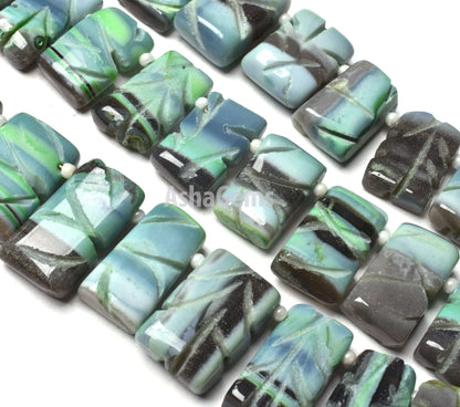 Rare Green Boulder Opal Fancy Rectangle Shape Carving Beads,8" Strand Green Opal Carve Beads, Boulder Opal Side Drill Carved Chiclet Beads