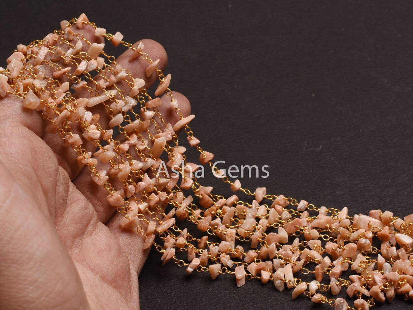 Natural Peach Moonstone Uncut Chip Beads Rosary Chain By Foot, Gold Plated Wire Wrap Moonstone Raw Rough Gemstone Beads Chain Jewelry making