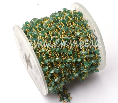 Natural Green Mica Uncut Beads Rosary Chain, Mica Smooth Nugget Beaded Rosary Chain Gold Plated Wire Wrap handmade Gemstone Chain Craft SALE