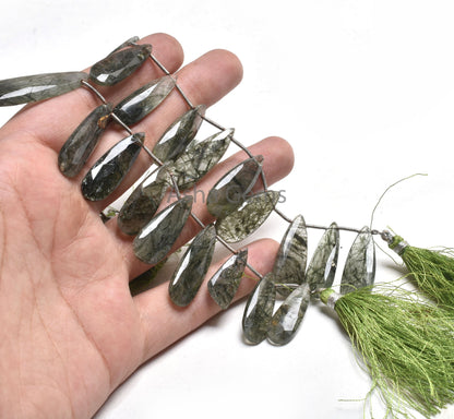 Beautiful Green Rutile Quartz Faceted Pears Gemstone Beads, Natural Rutile Fancy Long Teardrop Briolette Side Drill Bead Jewelry Crafts SALE