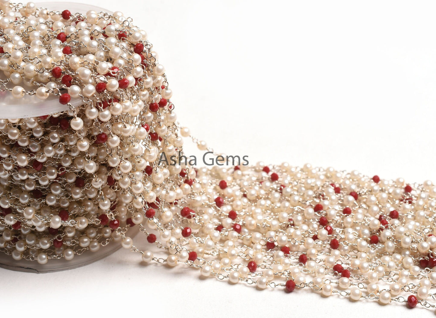 Pearl Red Ruby Hydro Rondelle Beads Rosary Chain, Silver Plated Wire Bulk Roll Multi Color Chain,3,10,50 Foot Chain For jewelry Making Craft