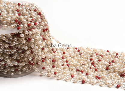 Pearl Red Ruby Hydro Rondelle Beads Rosary Chain, Silver Plated Wire Bulk Roll Multi Color Chain,3,10,50 Foot Chain For jewelry Making Craft