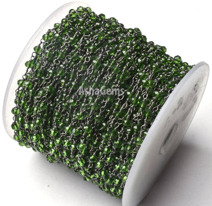 3,5,10,25 Ft,Chrome Diopside Hydro Faceted Rondelle Beaded Rosary Chain ,Black Metal Plated,Jewelry Making,Gunmetal Chain,3-3.5mm