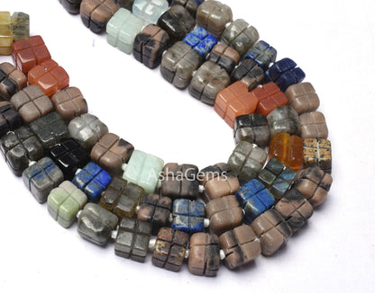 Beautiful Multi Color Gemstone Carved Box Shape Beads,9-10 mm, Disco Cube Box Carving Beads, Mix Color Carve 3D Cube Box Bead Jewelry Making