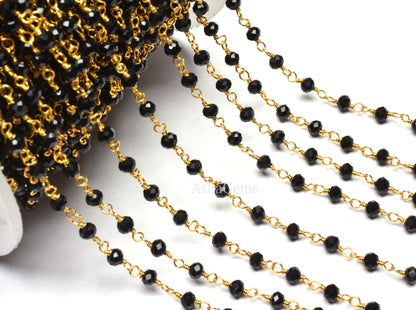3,5,10,25,50 Feet Roll Bulk, Gold Plated Wire,Faceted Rondelle, Black Spinel Hydro Rosary Chain, Jewelry Making Chain,Finding, Wire Wrapped
