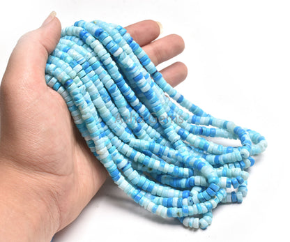 16" Strand Turquoise Color Blue Opal Smooth Tyre Beads, Shaded Blue Opal Plain Handmade Heishi Tyre Beads, Opal Wheel Gemstone Bead Jewelry