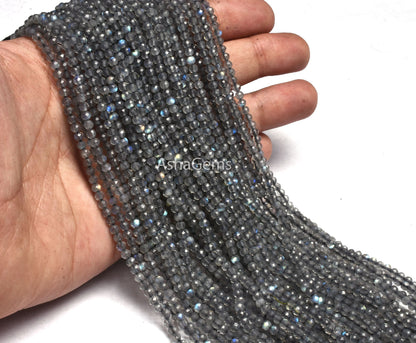 3 mm Labradorite Faceted Gemstone Beads, AAA Natural Blue Fire labradorite Rondelle Machine Cut Beads ,Black Rainbow Micro cut Beads Jewelry