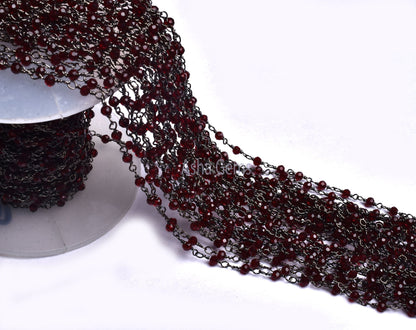 3,10,50 Feet Bulk Roll Garnet Micro Cut Faceted Beads Rosary Chain Gunmetal Rondelle Beaded Chain Black Plated Wire Wrap Chain Jewelry Craft