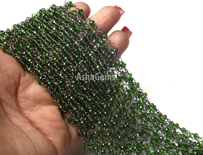 3,5,10,25 Ft,Chrome Diopside Hydro Faceted Rondelle Beaded Rosary Chain ,Black Metal Plated,Jewelry Making,Gunmetal Chain,3-3.5mm