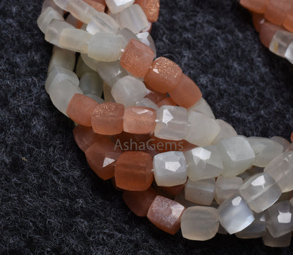 Beautiful AAA moonstone faceted Cube Box Beads, Natural Multi Moonstone Box Gemstone beads,8" Strand White Pink Shaded Moonstone cube Beads