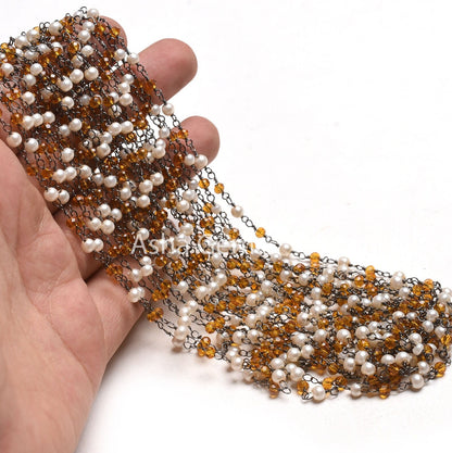 Beautiful White Pearl Brown Quartz Hydro Beads Rosary Chain, Black Plated Wire Wrapped Faceted Rondelle Bead Chain Roll Jewelry making Craft