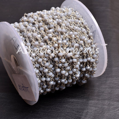 Grey Moonstone Hydro Rondelle Faceted Beads Rosary Chain Silver Plated Wire Wrap Jewelry Making Chains 3-3.5mm Bulk Roll Chain Necklace SALE