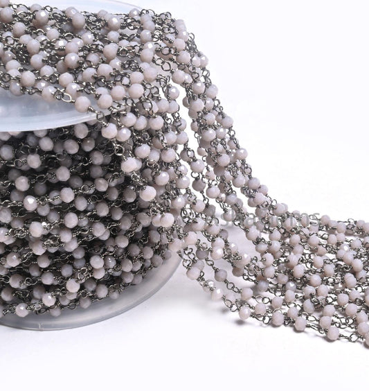 AAA Grey Moonstone Hydro Faceted Beads Rosary Chain By Feet,3 mm Black Plated Gunmetal Wire Wrap Rondelle Beaded Chain Jewelry making Crafts